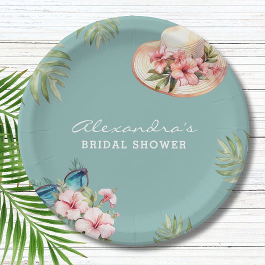 ビーチピンクフラワーズブルートロピカルブライダルシャワー ペーパープレート