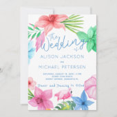 ビーチピンクブルー熱帯フローラ結婚リース 招待状 (正面)