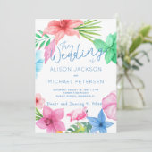 ビーチピンクブルー熱帯フローラ結婚リース 招待状 (スタンド正面)