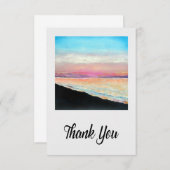 ビーチピンクブルー絵を描サンセットアート サンキューカード (正面/裏面)