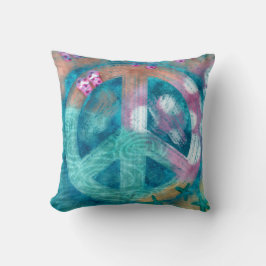 ビーチピースサインHIppieボホティール（緑がかった色）ピンクサンド クッション