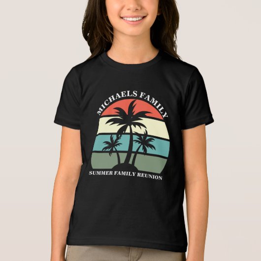 ビーチファミリー懇親会パームツリーサンセットキッズ トライブレンドTシャツ (正面)