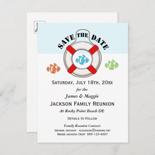 ビーチファミリ懇親会またはパーティー保存日付 案内ポストカード (正面/裏面)