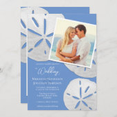 ビーチフォトコーンフラワーブルーサンドドルトロピカル 招待状 (正面/裏面)