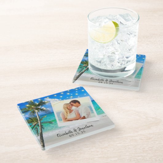 ビーチフォトパームストリングライトの宛先 ガラスコースター (アングル)