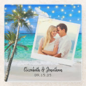 ビーチフォトパームストリングライトの宛先 ガラスコースター (正面)