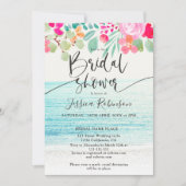 ビーチフォトピンクフローラ水彩ブライダルシャワー 招待状 (正面)