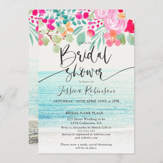 ビーチフォトピンクフローラ水彩ブライダルシャワー 招待状 (正面/裏面)