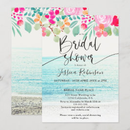 ビーチフォトピンクフローラ水彩ブライダルシャワー 招待状