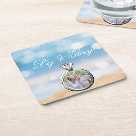 ビーチフォト宛先ウェディング スクエアペーパーコースター (アングル)