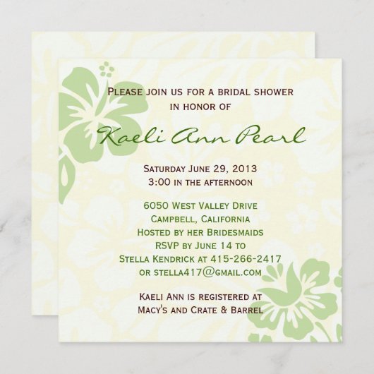 ビーチフラワーズブライダルシャワーグリーン 招待状 (正面/裏面)