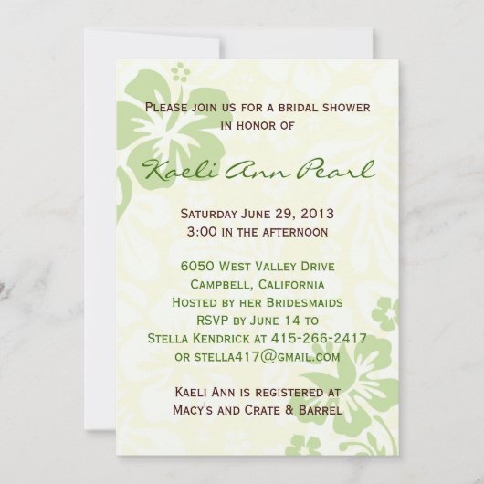 ビーチフラワーズブライダルシャワーグリーン 招待状 (正面)