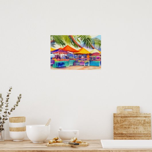 ビーチフロント市場の屋台の水色 ポスター (キッチン)