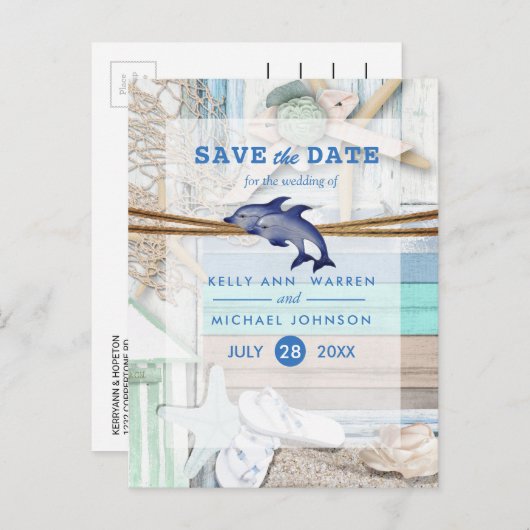 ビーチフロント結婚ドルフィンの – 日付を保存 案内ポストカード (正面/裏面)