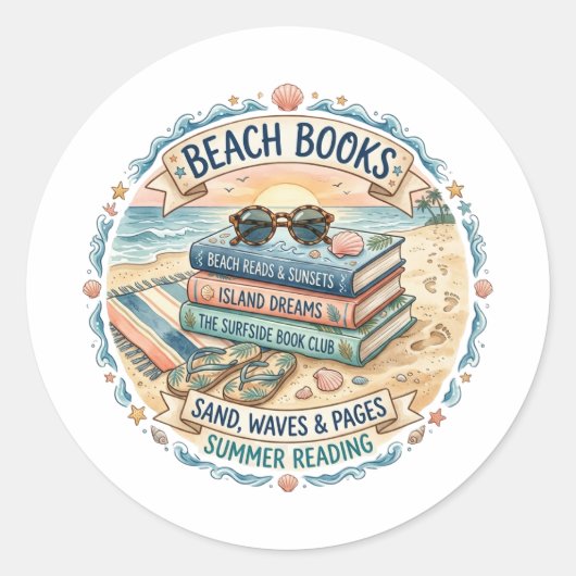 ビーチブック 夏の読書デザイン ラウンドシール (正面)