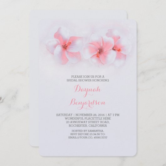 ビーチブライダルシャワーサンゴハイビスカスフラワー 招待状 (正面/裏面)