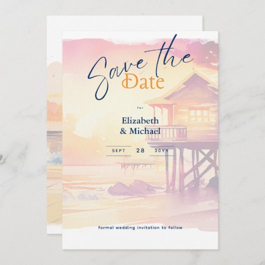 ビーチブライダルシャワーサンセットコースタルザデイツ 招待状 (正面/裏面)