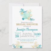 ビーチブライダルシャワーティール(緑がかった色)と金ゴールド水彩 招待状 (正面)