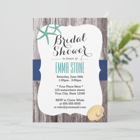 ビーチブライダルシャワーティール(緑がかった色)ヒトデ素朴ィウッド 招待状 (スタンド正面)