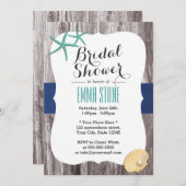 ビーチブライダルシャワーティール(緑がかった色)ヒトデ素朴ィウッド 招待状 (正面/裏面)