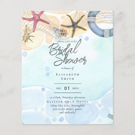 ビーチブライダルシャワー沿岸航海の招待状 チラシ (正面)
