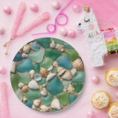 ビーチブルーとグリーンのシーグラスと貝殻 ペーパープレート (パーティー)