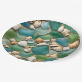 ビーチブルーとグリーンのシーグラスと貝殻 ペーパープレート (アングル)