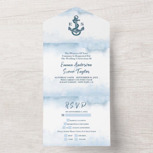 ビーチブルーの水彩アンカー Nautical ウェディング オールインワン招待状 (内側)