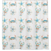 ビーチブルーカニ、ロブスター、ヒトデ、サンドドル シャワーカーテン (正面)