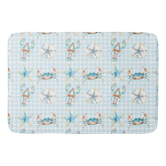 ビーチブルーカニ、ロブスター、ヒトデ、サンドドル バスマット (正面)