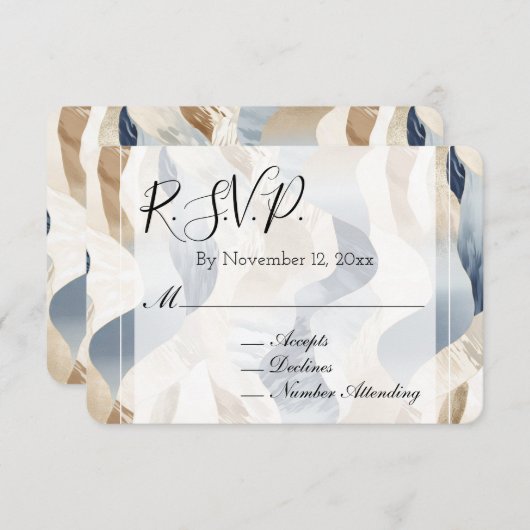 ビーチブルークリームサンドアイボリー抽象芸術ウェディングRSVP エンクロージャーカード (正面/裏面)