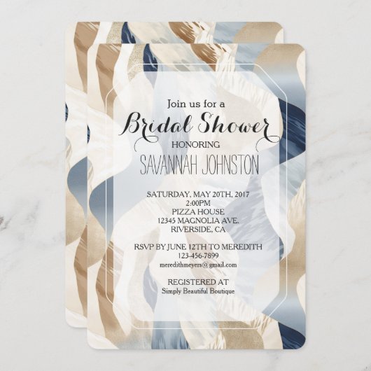 ビーチブルークリームサンドアイボリー抽象芸術ブライダルシャワー 招待状 (正面/裏面)