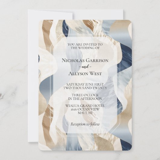 ビーチブルークリームサンドアイボリー抽象芸術結婚 招待状 (正面)