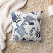 ビーチブルーコーラルモダンウォーターカラーシータートルアート クッション (ブランケット)