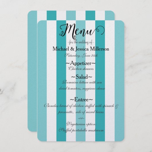 ビーチブルーターコイズストライプの結婚メニュー メニュー (正面/裏面)