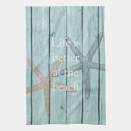 ビーチブルーフェイクウッドヒトデ キッチンタオル (縦)