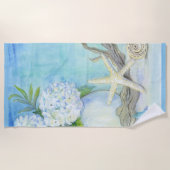 ビーチブルーホワイトシーシェルスターフィッシュシーガラス ビーチタオル (正面)