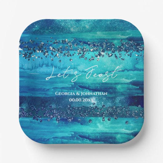 ビーチブルー水彩波マリンシ航海のック ペーパープレート (正面)