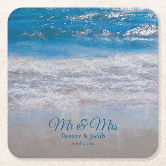 ビーチブルー熱帯海波沿岸結婚部 スクエアペーパーコースター (正面)