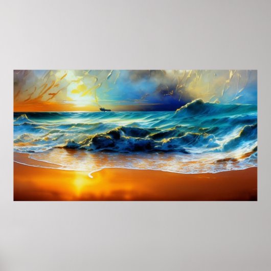ビーチブルー金ゴールド海スカイ美モダン ポスター (正面)