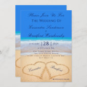 ビーチブルー2ハートインザサンド結婚 招待状 (正面/裏面)