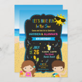 ビーチプールバースデーパーティーツインズ兄弟姉妹ズボーイガール 招待状 (正面/裏面)