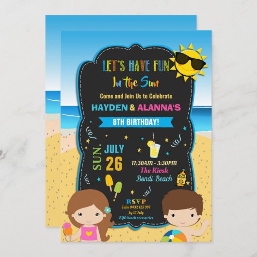 ビーチプールバースデーパーティーツインズ兄弟姉妹ズボーイガール 招待状 (正面/裏面)