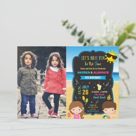 ビーチプールバースデーパーティートンツインズボーイガール兄弟姉妹 招待状 (スタンド正面)