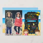 ビーチプールバースデーパーティートンツインズボーイガール兄弟姉妹 招待状 (正面/裏面)