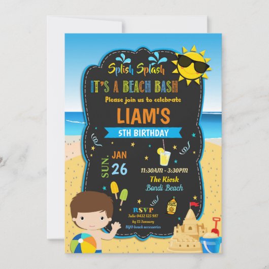 ビーチプールバースデーパーティーボーイズサマー 招待状 (正面)