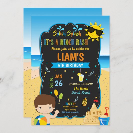 ビーチプールバースデーパーティーボーイズサマー 招待状 (正面/裏面)