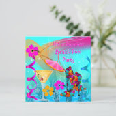 ビーチプールパーティーサマーホットピンクティール（緑がかった色） 招待状 (スタンド正面)