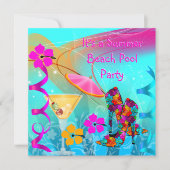 ビーチプールパーティーサマーホットピンクティール（緑がかった色） 招待状 (正面)