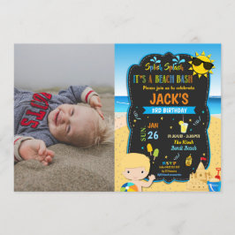 ビーチプール誕生日パーティブロンドボーイサマーフォト 招待状